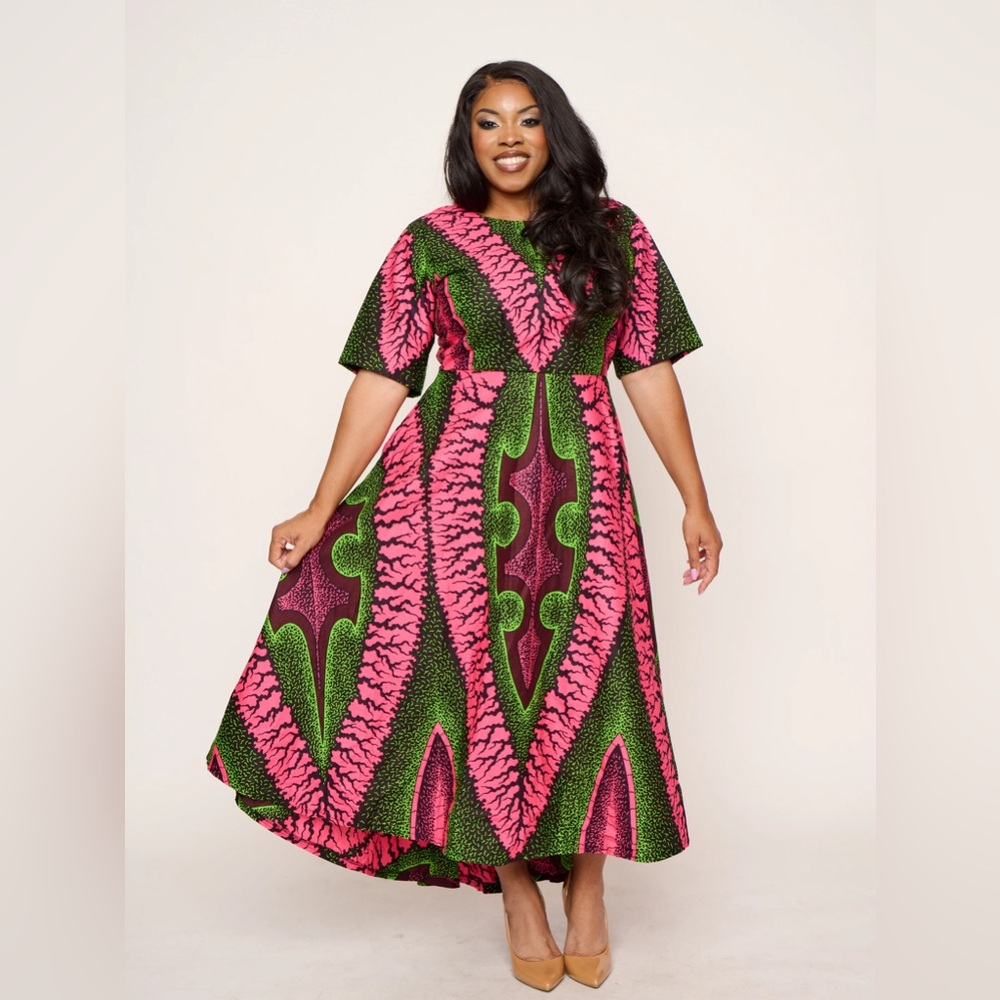 Vibrant Pink and Green African Dress